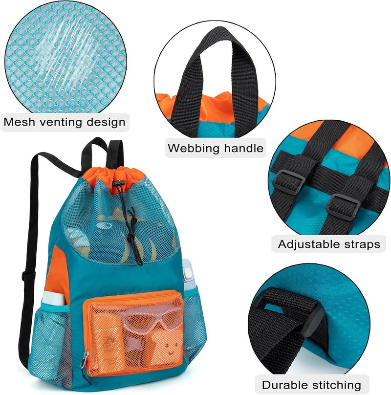 Veious Swim Bag for Kids Drawstring Backpack for Boys Lightweight Mesh Beach Backpack Swimming Pool Sports Gym String Bag Green - Image 5